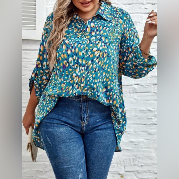 SHEIN LUNE Plus Allover Print Roll Tab Sleeve Shirt 4XL - Picture 2 of 8